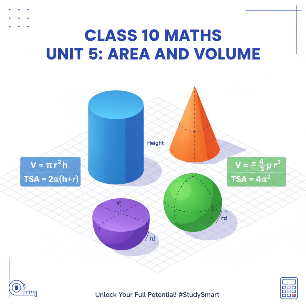 Class 10 Maths unit 5 Area and Volume geometric shapes and formulas visualization