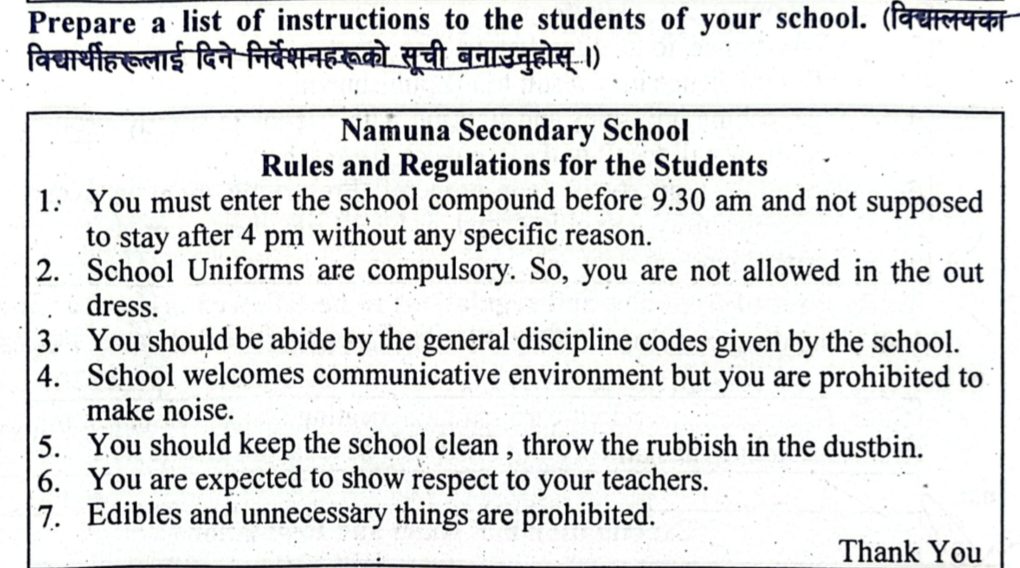 list of instructions to the students