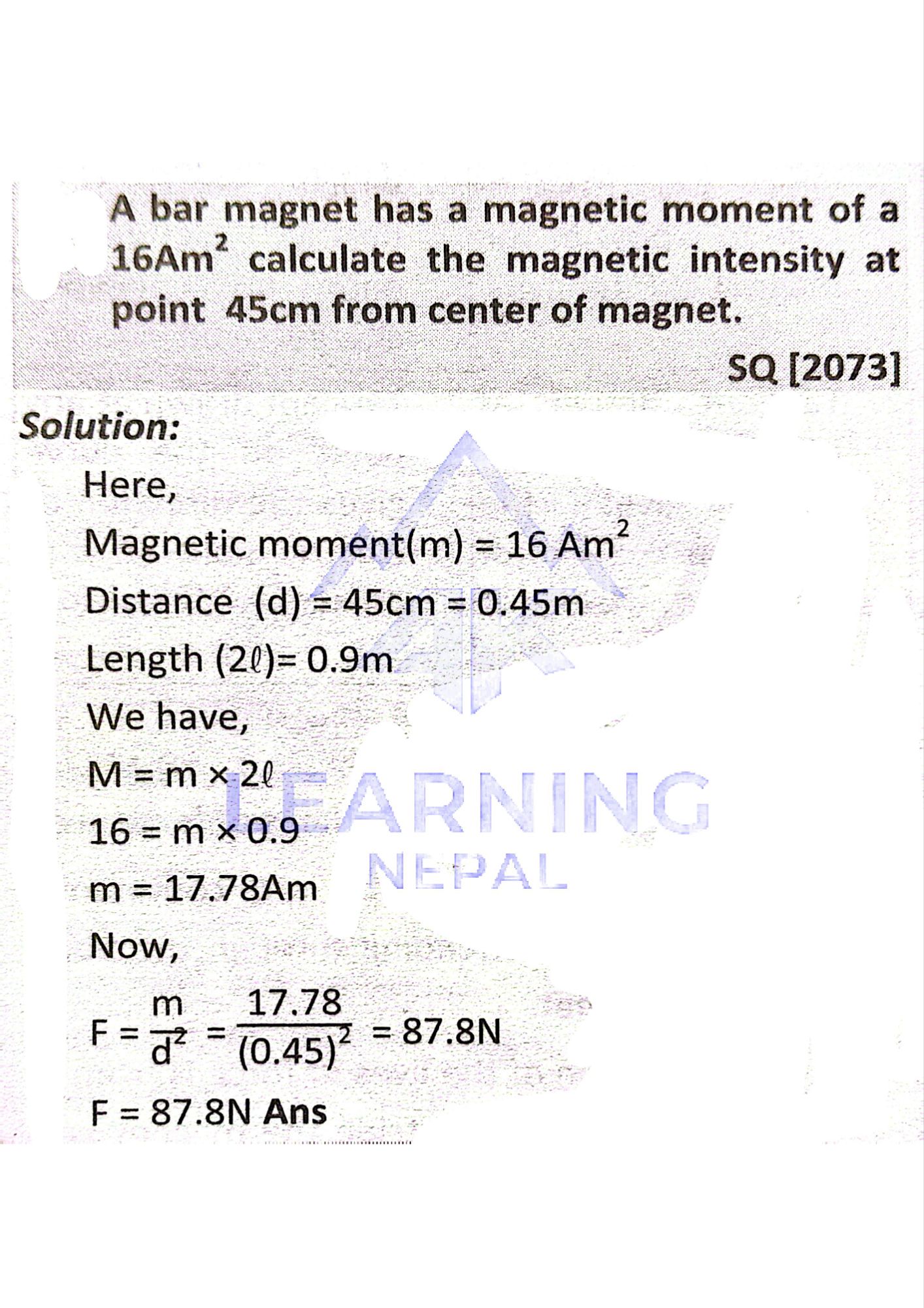 calculate magnetic intensity at point 45 cm from center of magnet