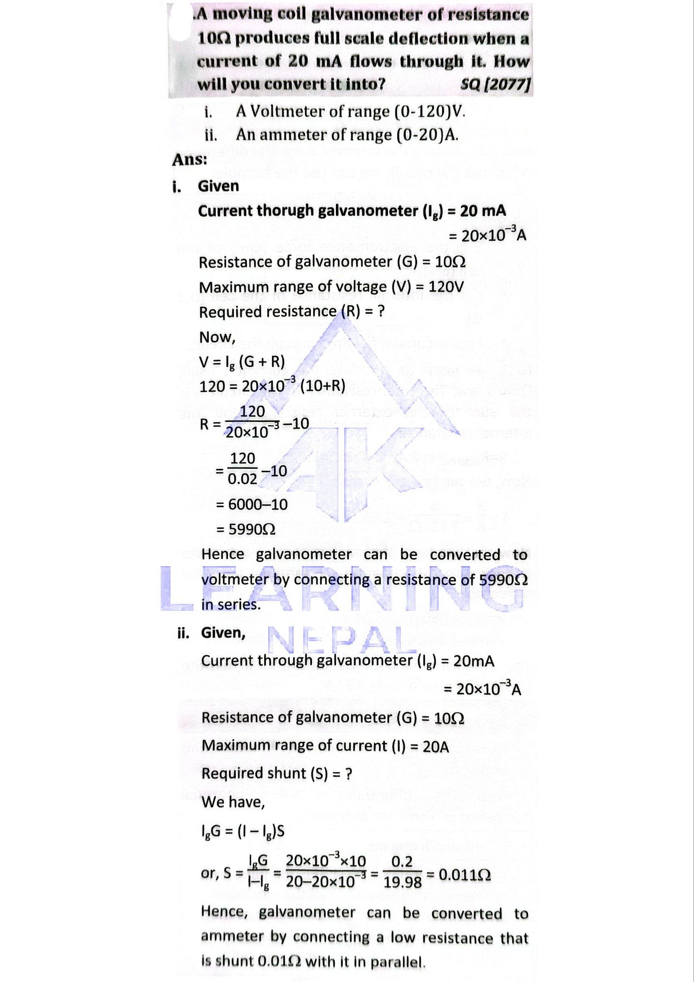 moving coil galvanometer full scale deflection