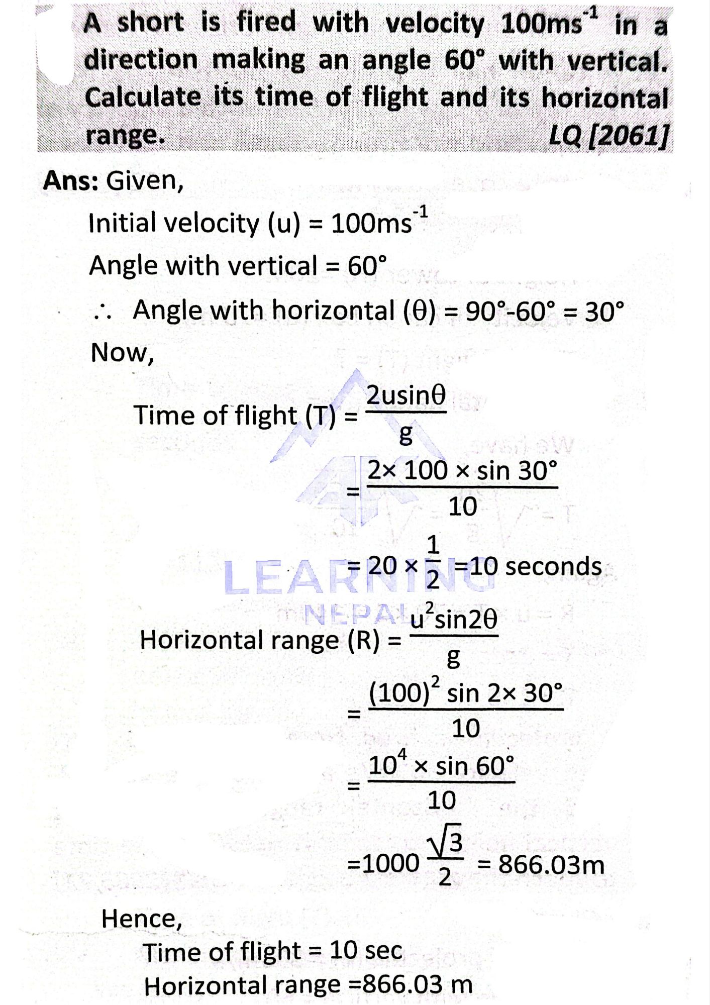 shot fired at 60° with vertical