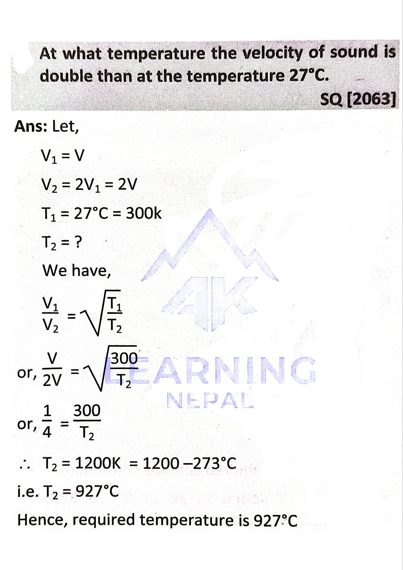 velocity of sound double than at the temperature 27°C