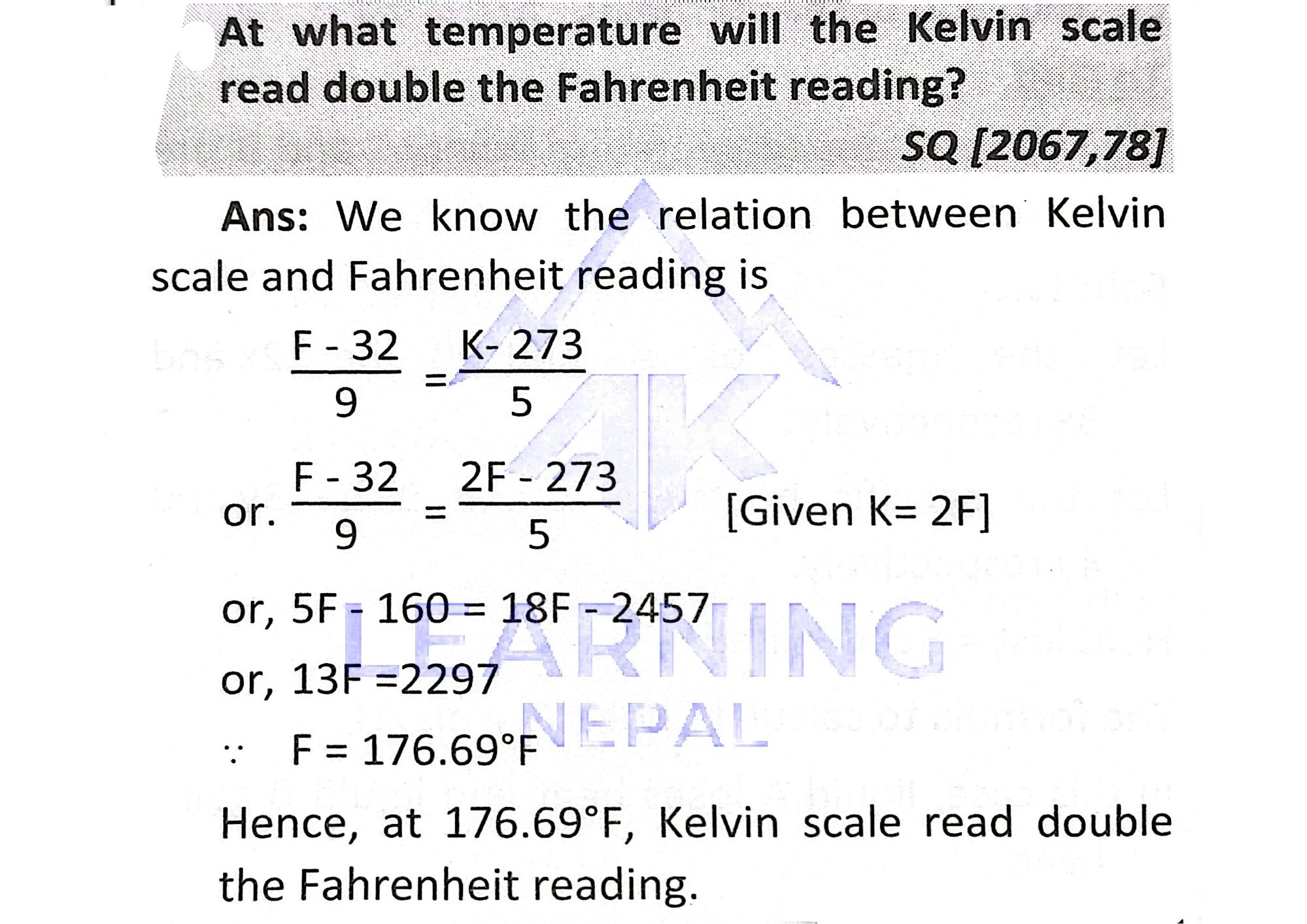 At what temperature will the Kelvin scale read double the Fahrenheit reading
