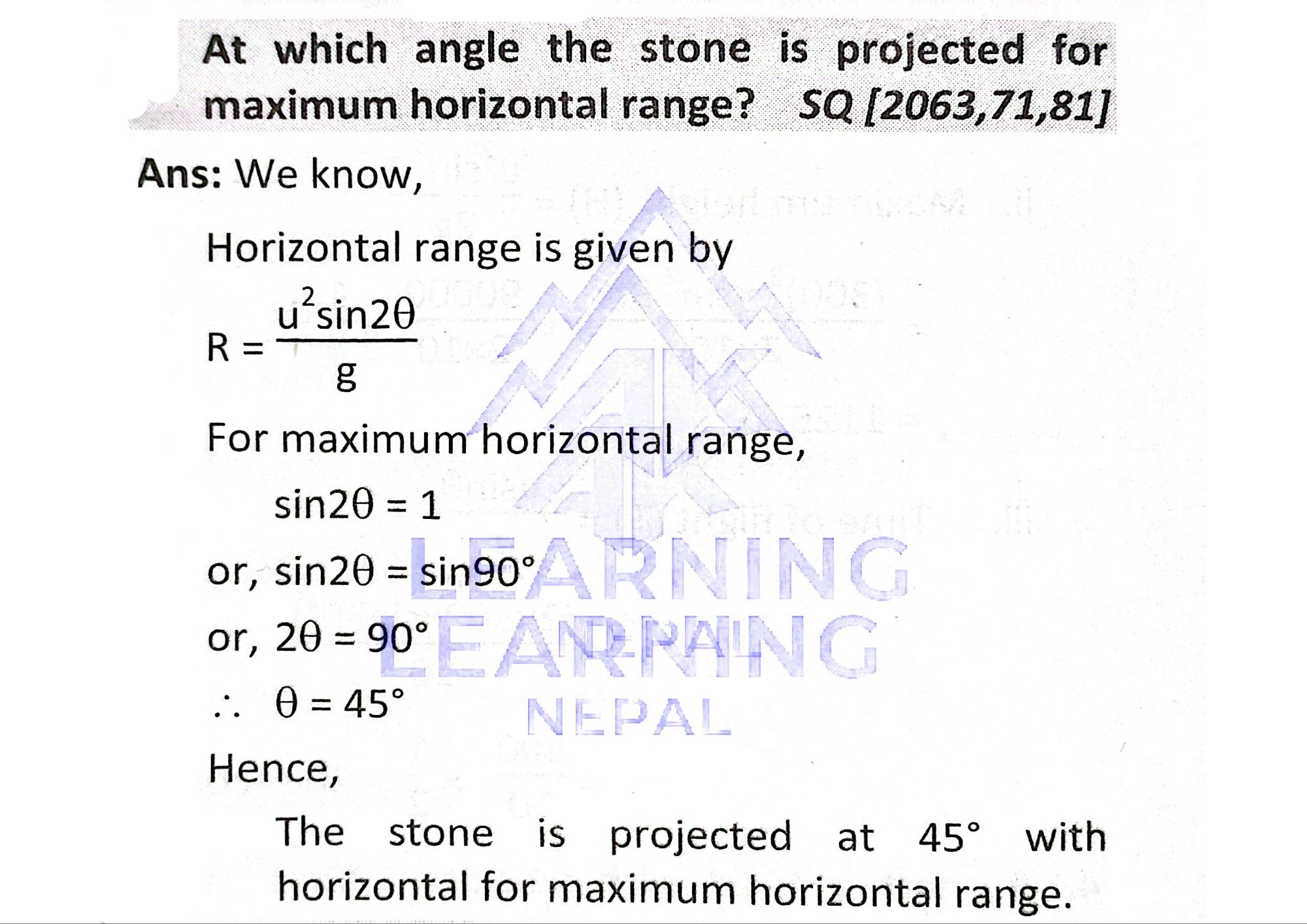 At which angle the stone is projected for maximum horizontal range