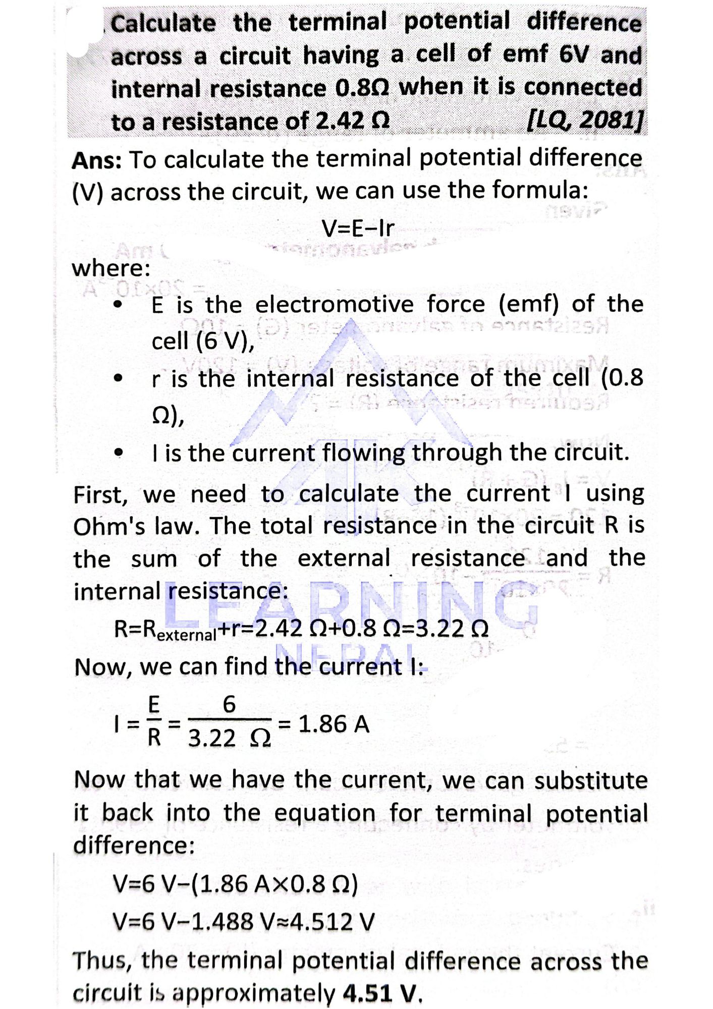 calculate terminal potential difference of a cell