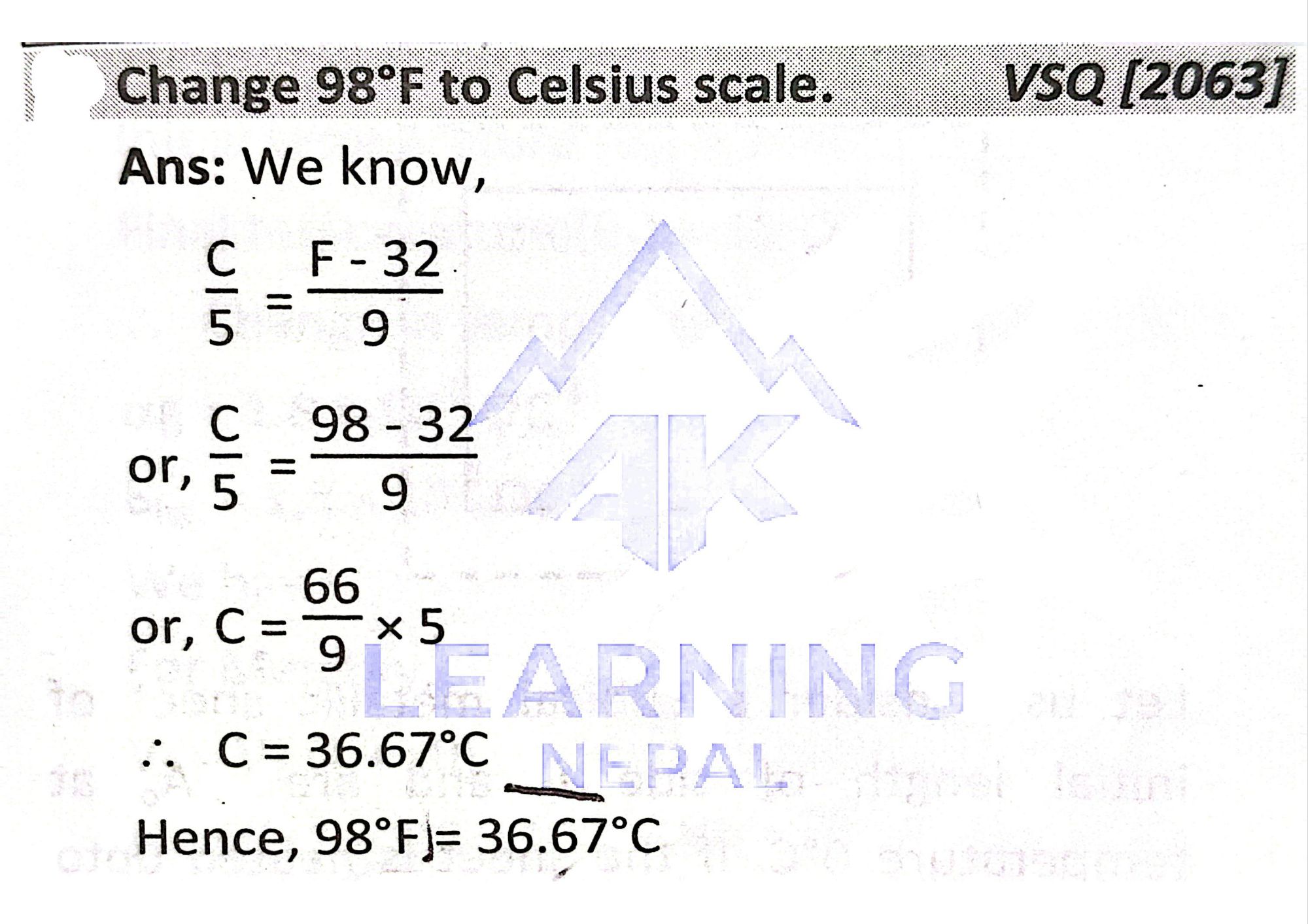 Change 98°F to Celsius scale conversion example