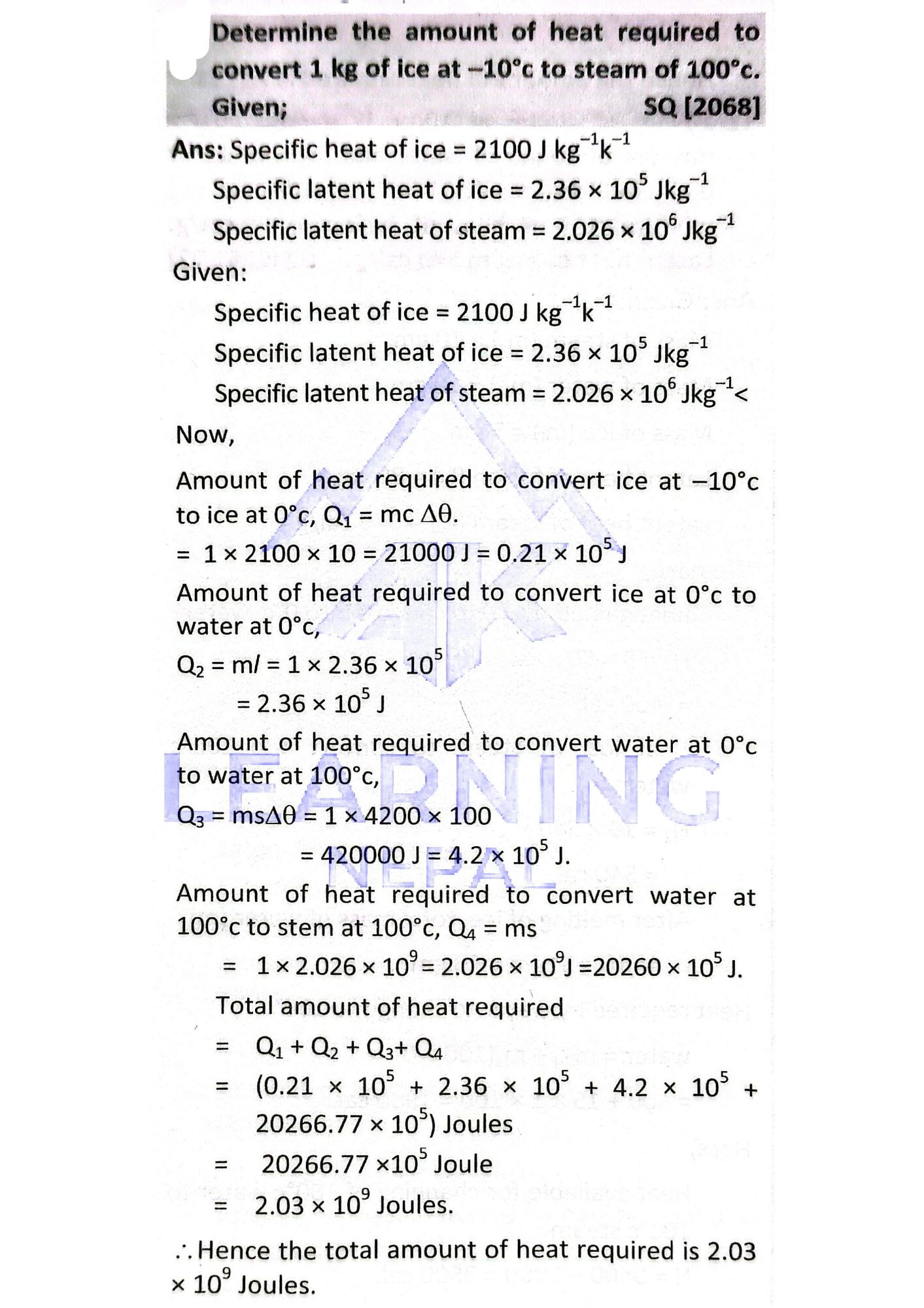 Heat required to convert 1 kg of ice at -10°C to steam at 100°C
