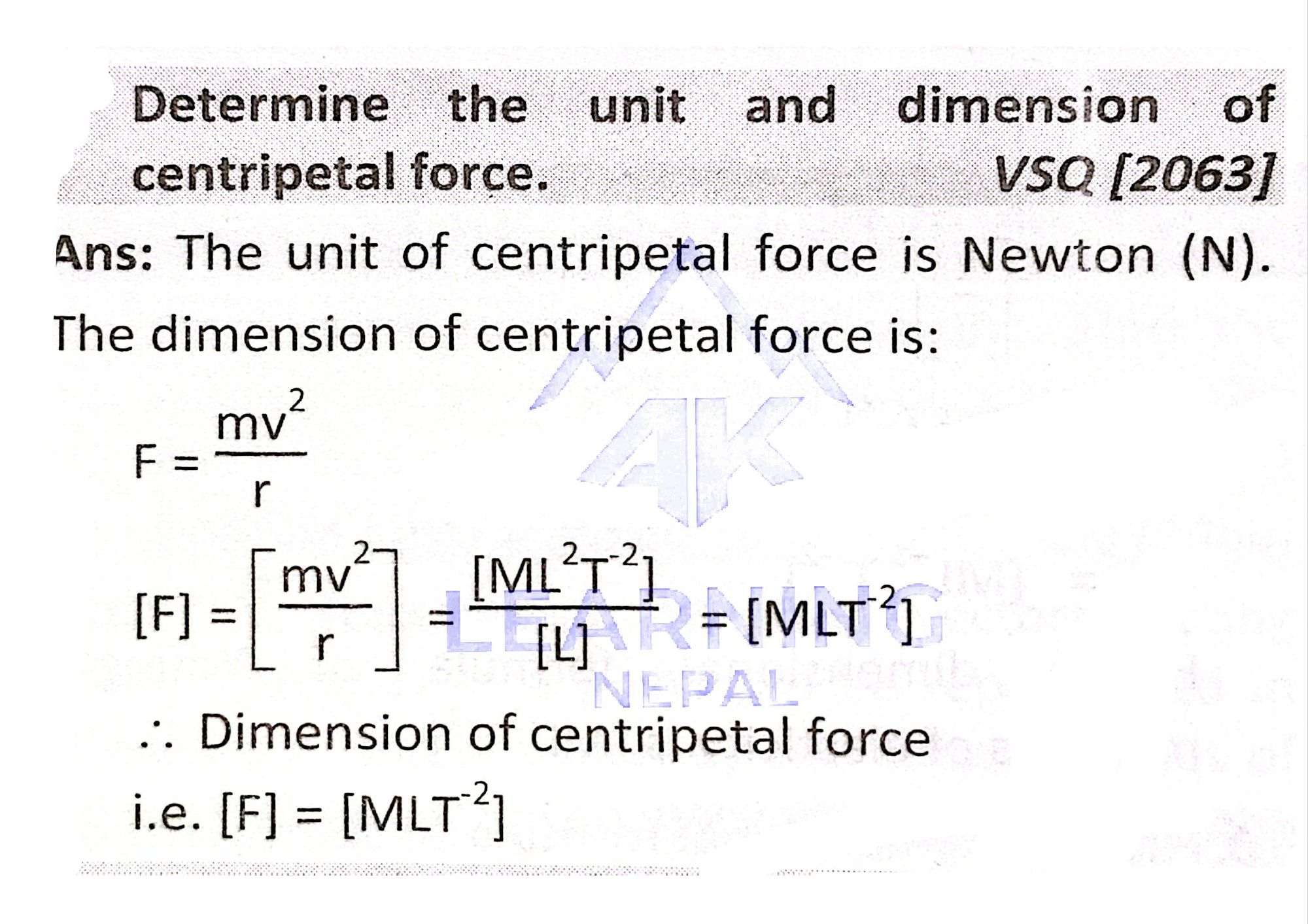 Unit and Dimension of Centripetal Force
