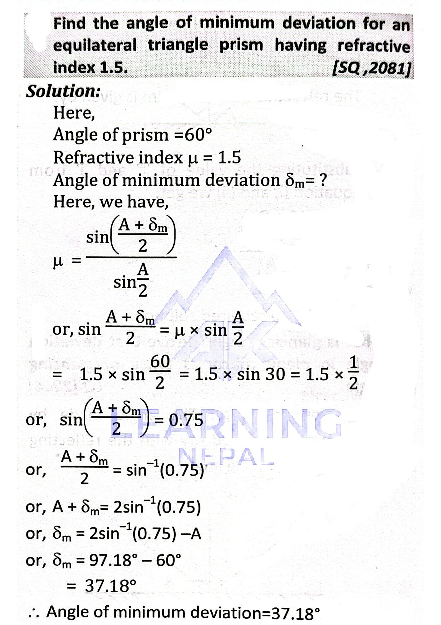 angle of minimum deviation for an equilateral triangle prism