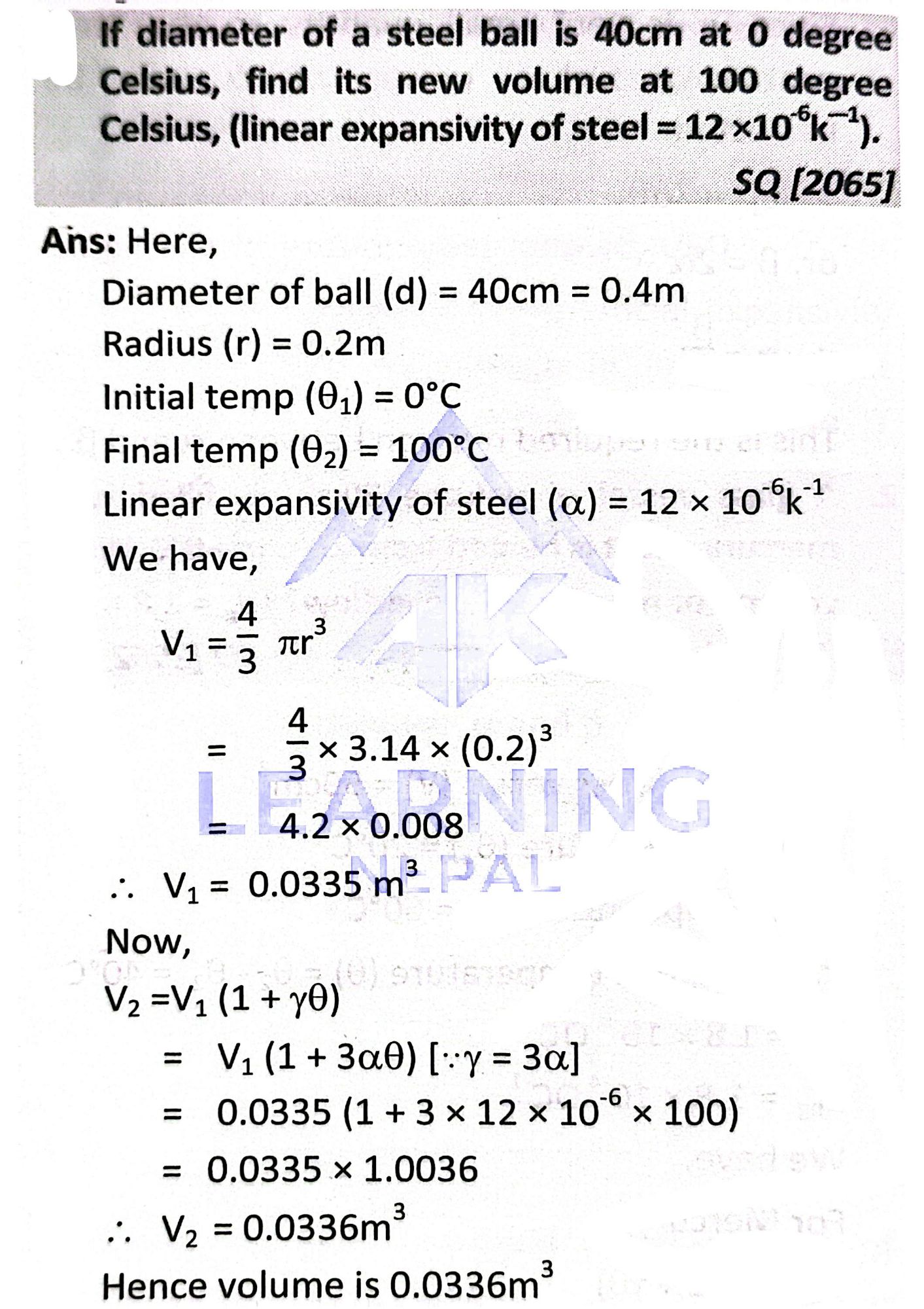 steel ball diameter 40 cm 0 degree C new volume at 100 degree C