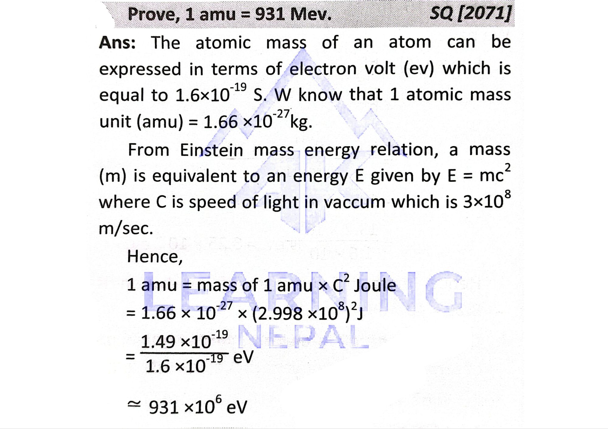 prove 1 amu = 931 MeV