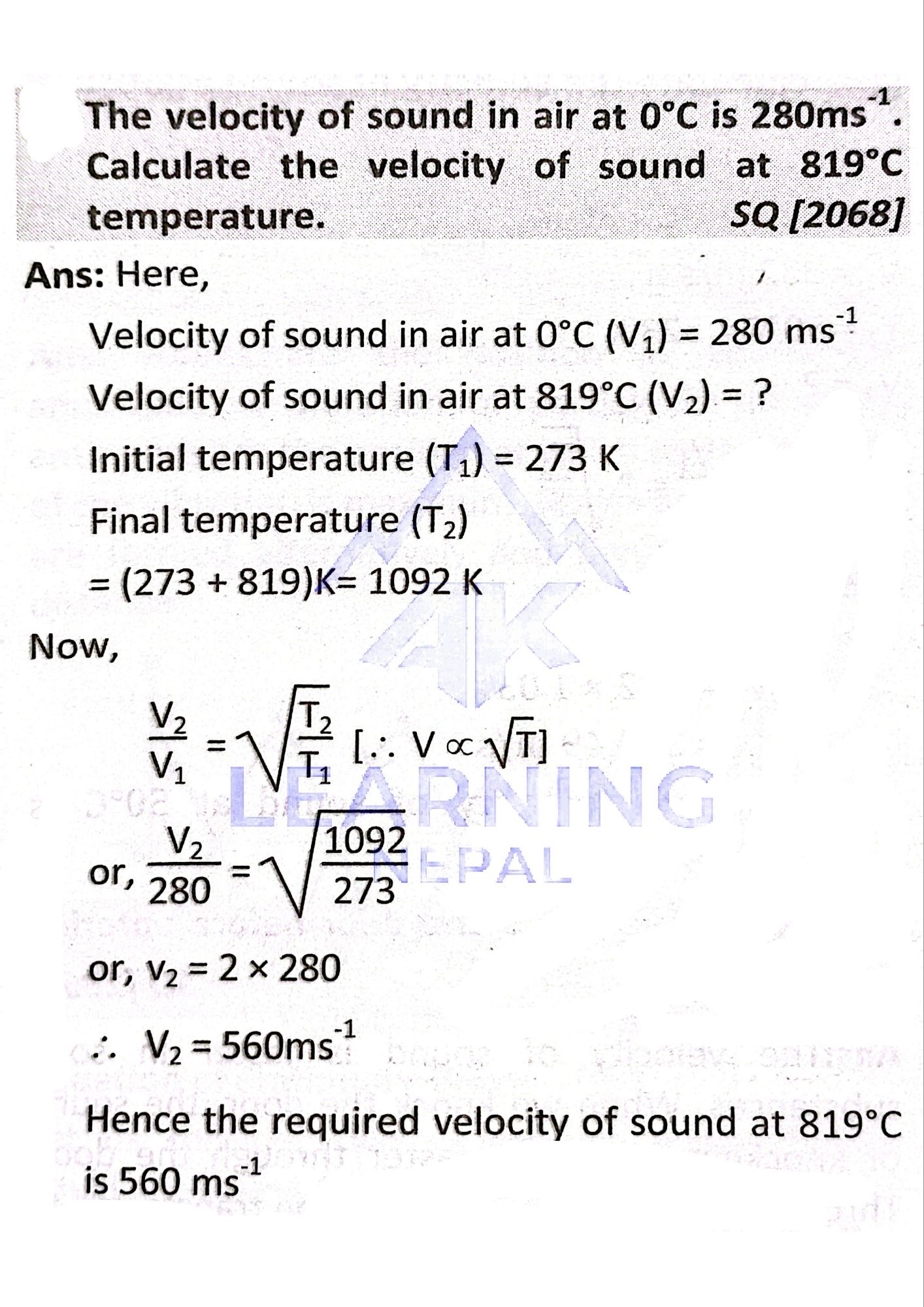 The velocity of sound in air at 0°C is 280 m/s